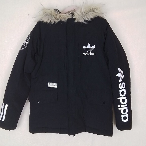 RARE Adidas Originals Pakaian Logo Down Coat Jacket Size‎ Large in Black - Picture 1 of 16